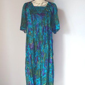 Vintage Patchauli Tropical Fish Indian Cotton Gauze House Maxi Dress Pocket